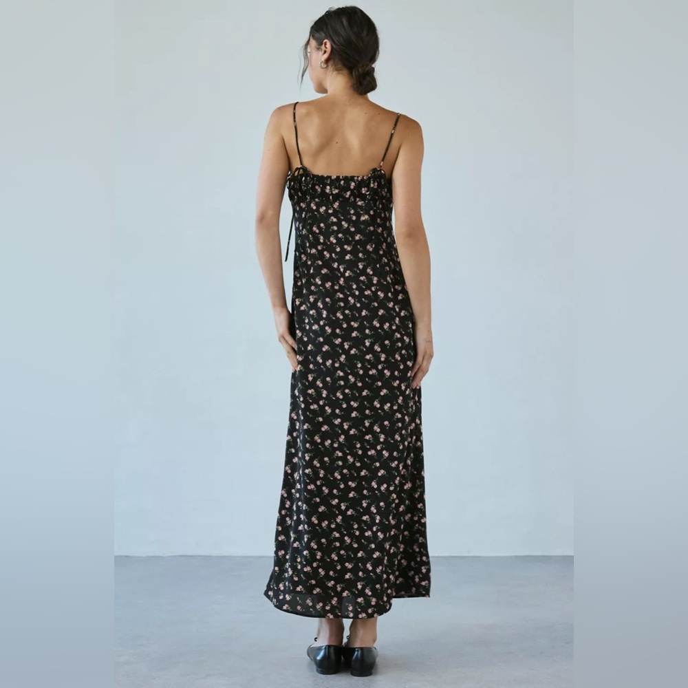 Kiss The Sky Black Floral Maxi Dress Pink Rose Ribbon Milkmaid NWT Large - Picture 3 of 10